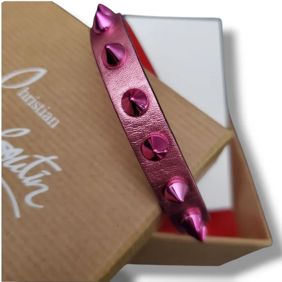 Christian Louboutin Loubilink Hot Pink Glitter Spiked Calf Leather Bracelet 8" - Picture 4 of 11